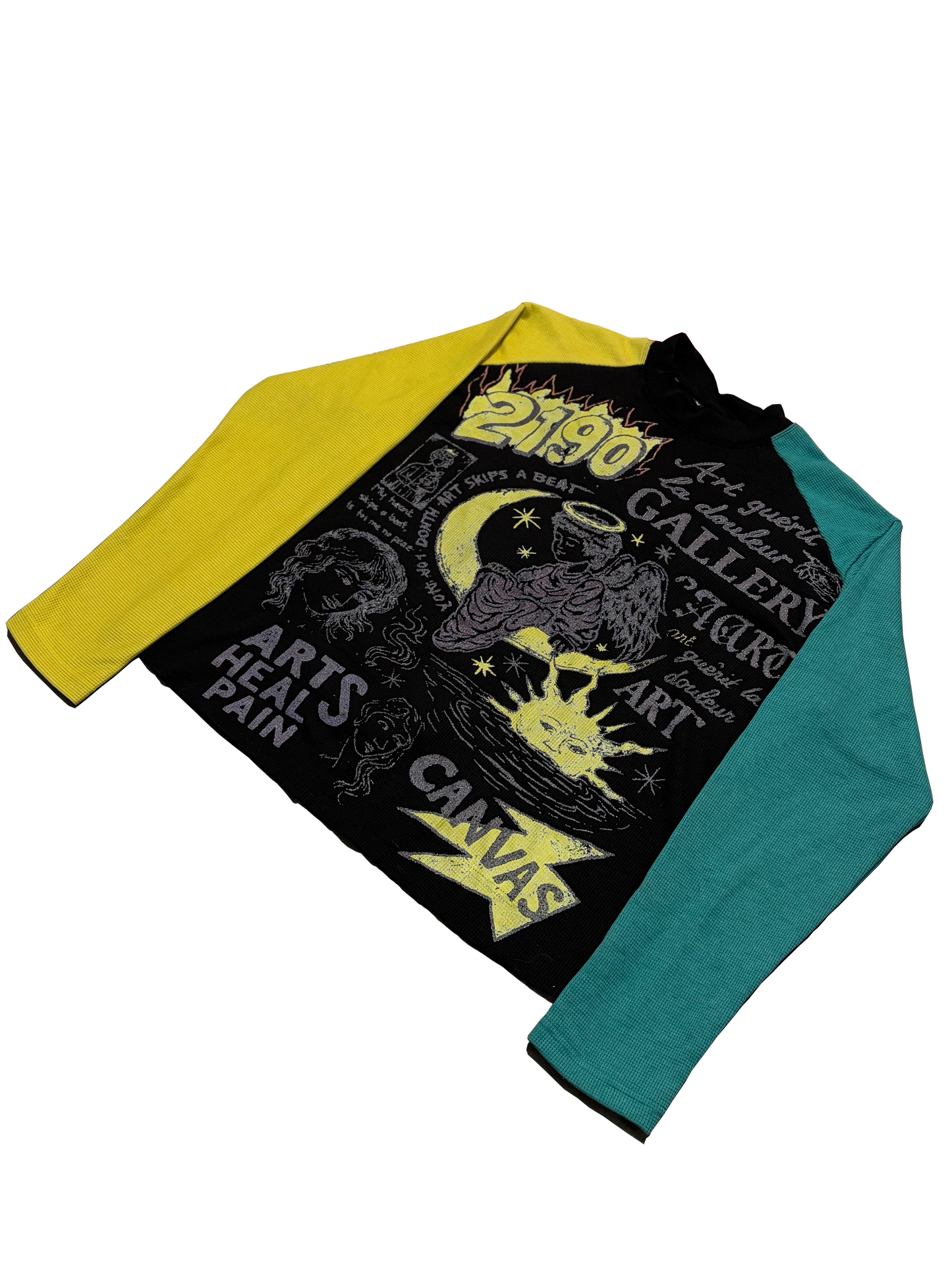 A long-sleeve raglan t-shirt with a black front graphic panel featuring a moon and sun illustration and text, with a bright yellow left sleeve and a teal right sleeve, shown on a plain white background.